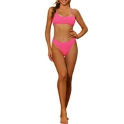 Women's 2 Piece Ribbed Bikini Sets, Adjustable Spaghetti Straps Sports Swimwear Rose Red S